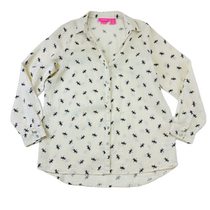 Issac Mizrahi Cream linen womens ButtonUp Shirt with Black Dragonflies Print